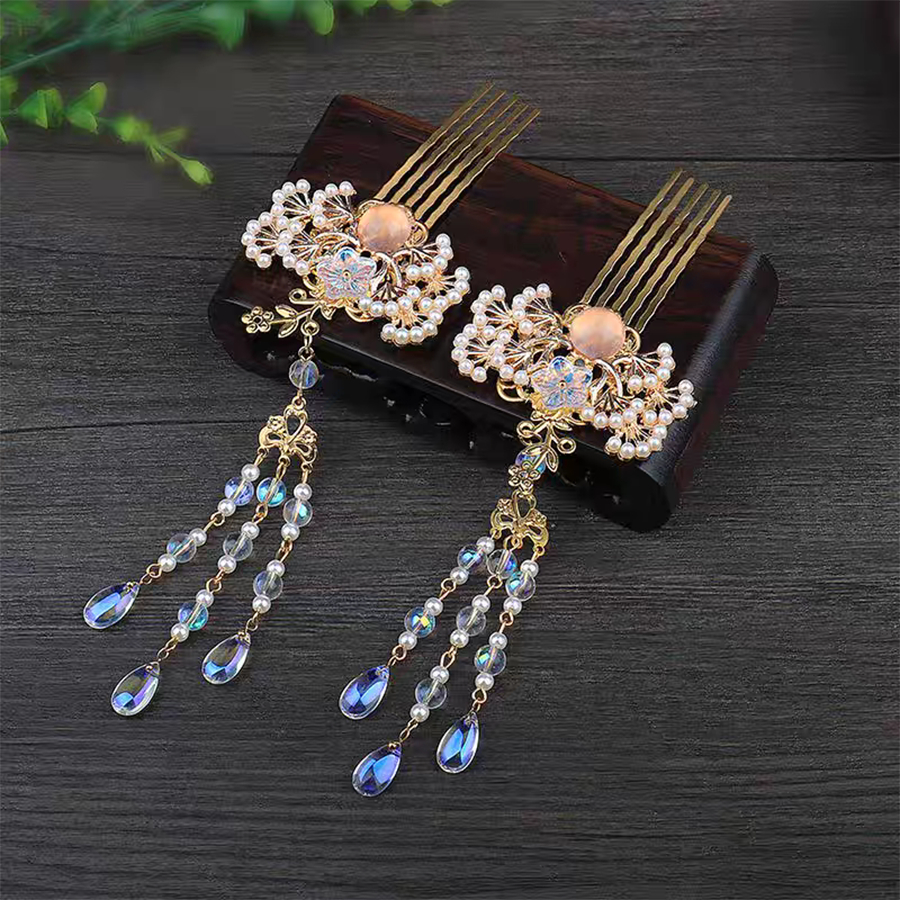 อุปกรณ์ประดับผมสไตล์จีนโบราณ ตกแต่งลายดอกไม้แบบมุก พร้อมกิ๊บผมที่สวยงาม