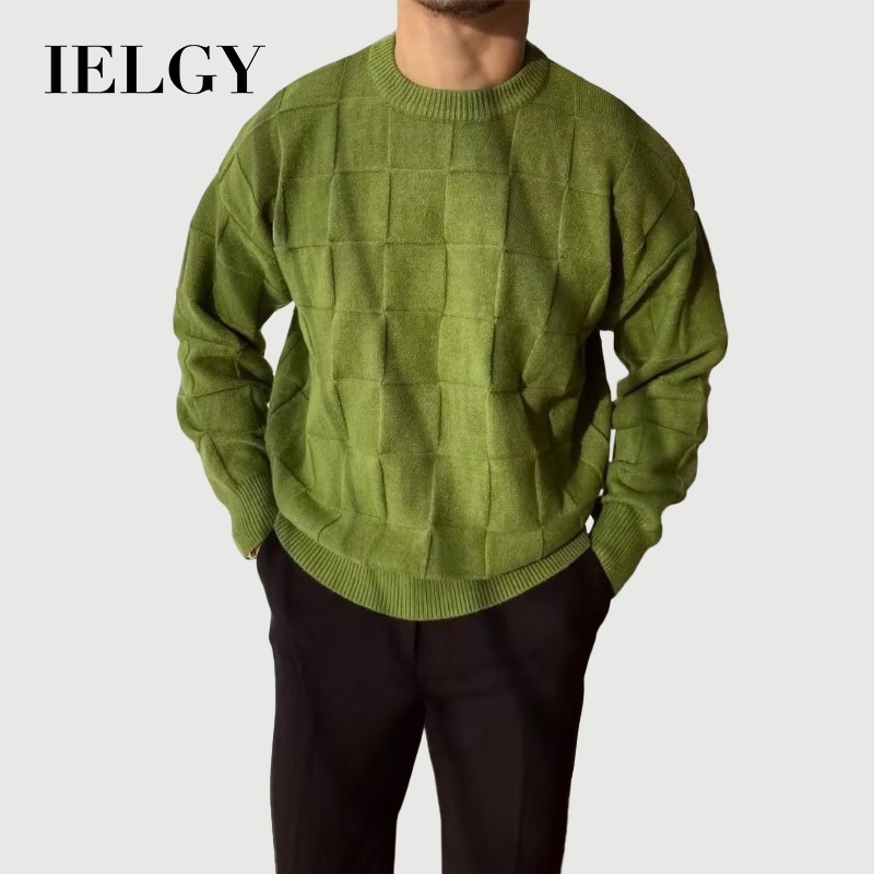 IELGY เสื้อสเวตเตอร์ลายหมากรุกหนาย้อนยุคสไตล์อเมริกันสําหรับผู้ชาย