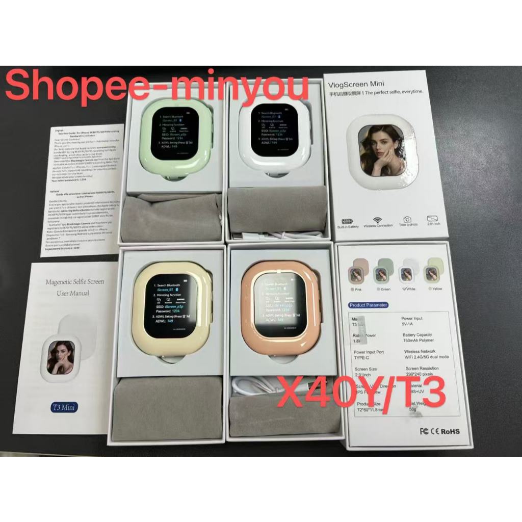 MINYOU ใหม่ X40Y มินิโทรศัพท์ Selfie Monitor หน้าจอไร้สาย Magnetic Mount Vlog โทรศัพท์กล้องด้านหลัง Selfie WiFi การเชื่อมต่อบลูทูธสําหรับ Selfie Live