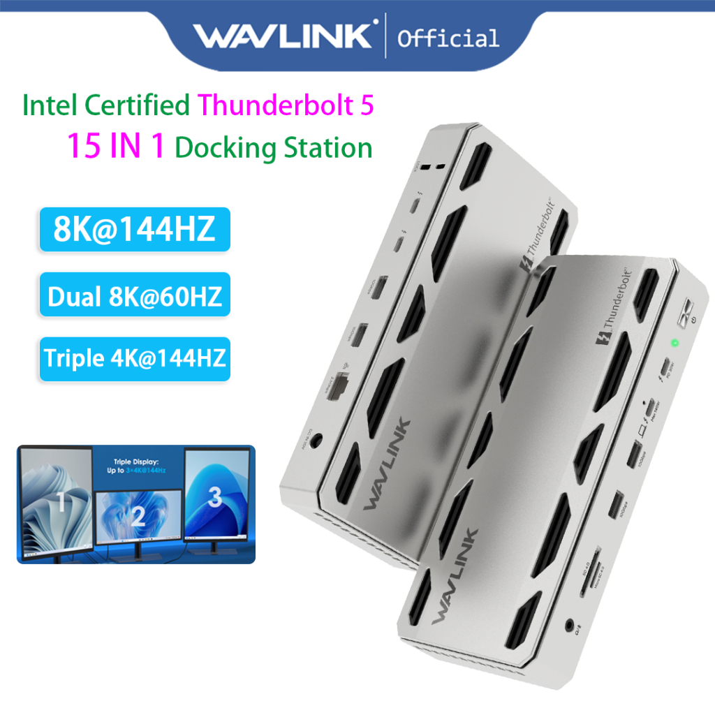 WAVLINK Intel Certified Thunderbolt 5 Dock 12-in-1 Hub สูงสุด 120Gbps 140W PD 8K 6K 4K 144HZ 60HZ 80Gbps สําหรับแล็ปท็อป Thunderbolt 5