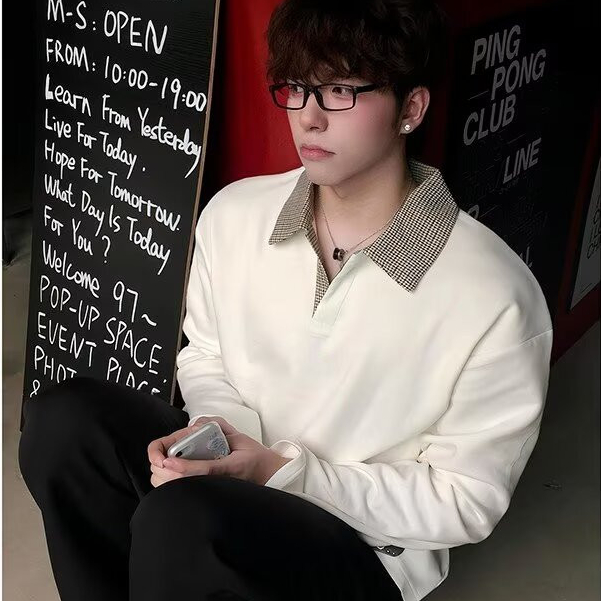 เสื้อโปโลแขนยาวทรงหลวม ลายตารางหมากรุก สไตล์แฟชันสำหรับทั้งผู้ชายและผู้หญิง
