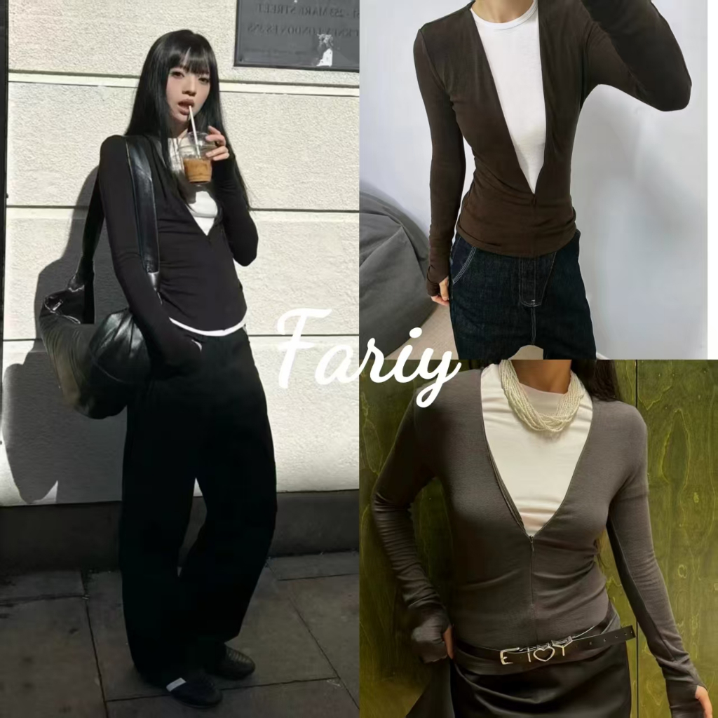 Fariy🍒คลังสินค้าพร้อม🍒 เสื้อยืดแขนยาวคอวีซิปสไตล์สาวอเมริกันสุดฮอตสำหรับผู้หญิงฤดูใบไม้ร่วงปี 2025 ใหม่เข้ารูปพอดีตัวเสื้อชั้นในรัดรูป