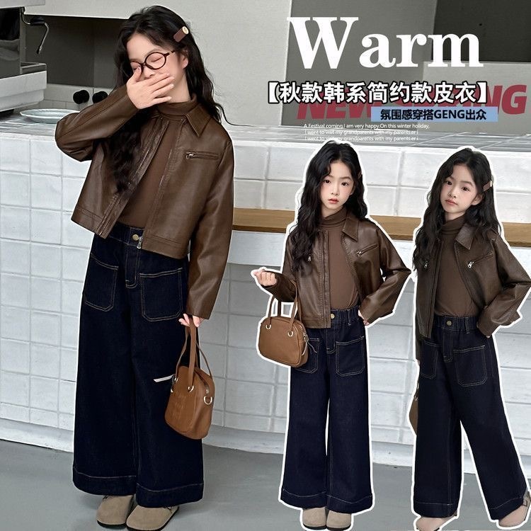 สาวแจ็คเก็ตหนังสั้นเสื้อผ้าฤดูใบไม้ร่วง2025เด็กสไตล์ใหม่อินเทรนด์สวมใส่เย็นเวอร์ชั่นเกาหลีขนาดกลางขนาดใหญ่เด็กแจ็คเก็ตหนังหลว