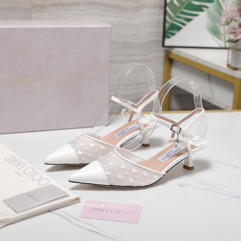 Jimmy Choo นั่นคือ 2025 รองเท้าแตะส้นสูงหนังเย็บแฟชั่นล่าสุดผ้ากอซชี้นิ้วเท้า
