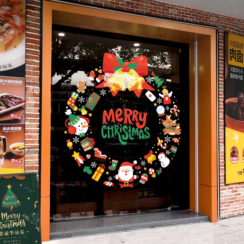 คริสต์มาสพวงมาลัยร้านสติกเกอร์ประตูกระจกซานตาคลอสเบลล์ของขวัญร้านกระจกหน้าต่างตกแต่งสติกเกอร์แบบคงที่