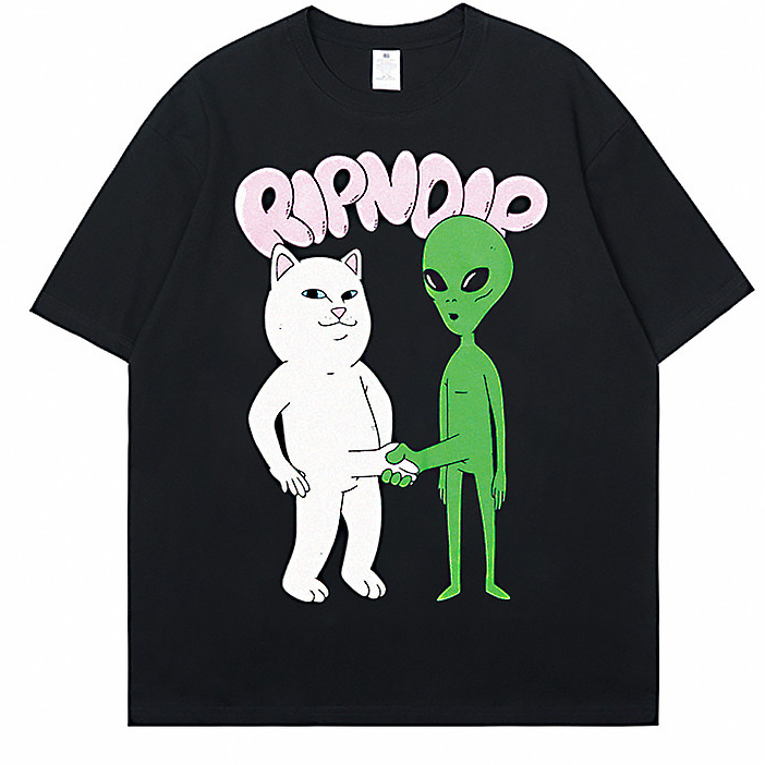 RIPNDIP Cat & Alien Graphic Cotton Crew Neck T-shirt - Casual Streetwear Inspired with Fun Art Design