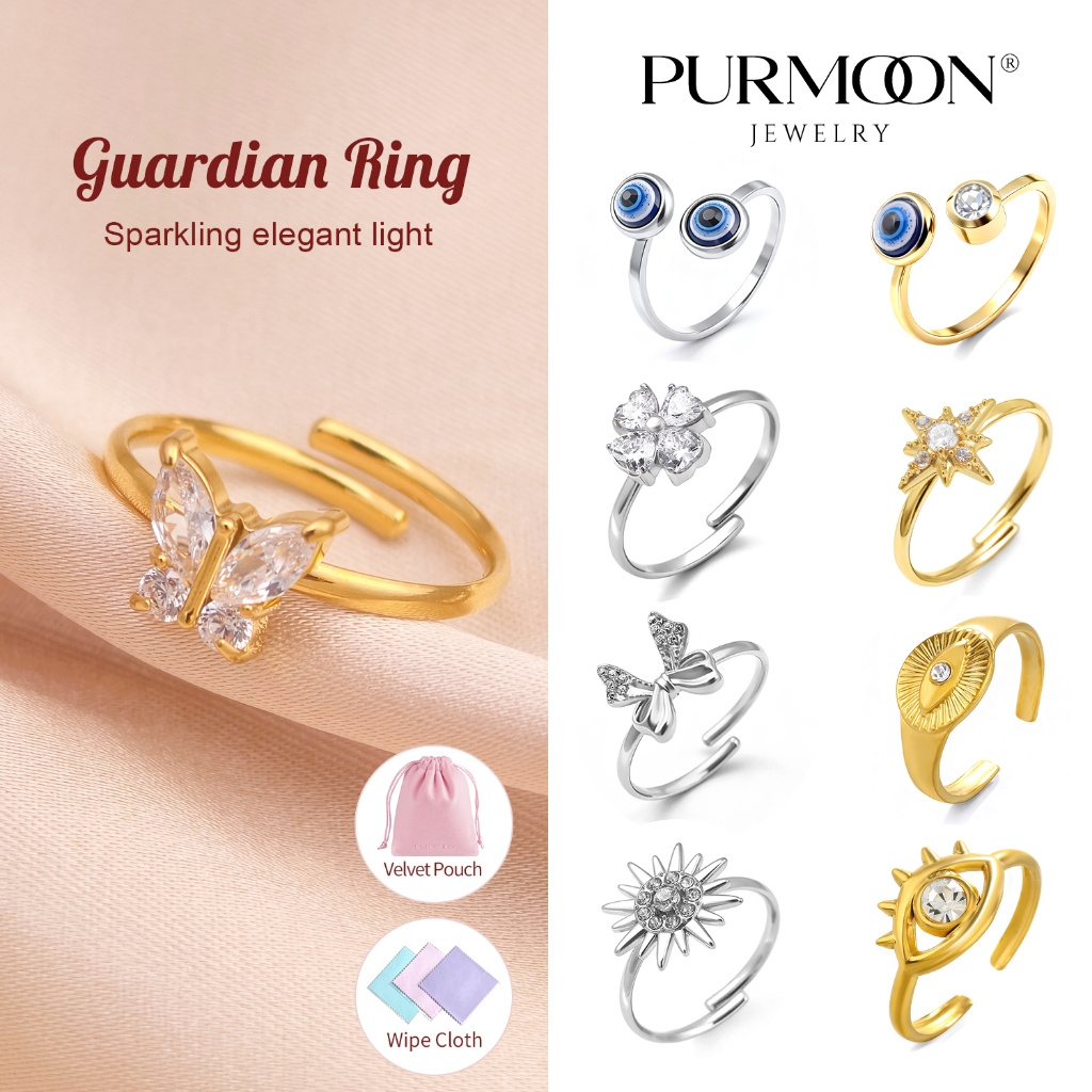 Purmoon คอลเลกชันแหวนตาการ์เดียนสแตนเลสแบบปรับได้ – หัวใจ, 4 โคลเวอร์, ผีเสื้อ, หูกระต่าย & ดีไซน์ตาสีฟ้า | แฟชั่น Lucky Eye Amulet เครื่องประดับของขวัญสําหรับเธอ R130