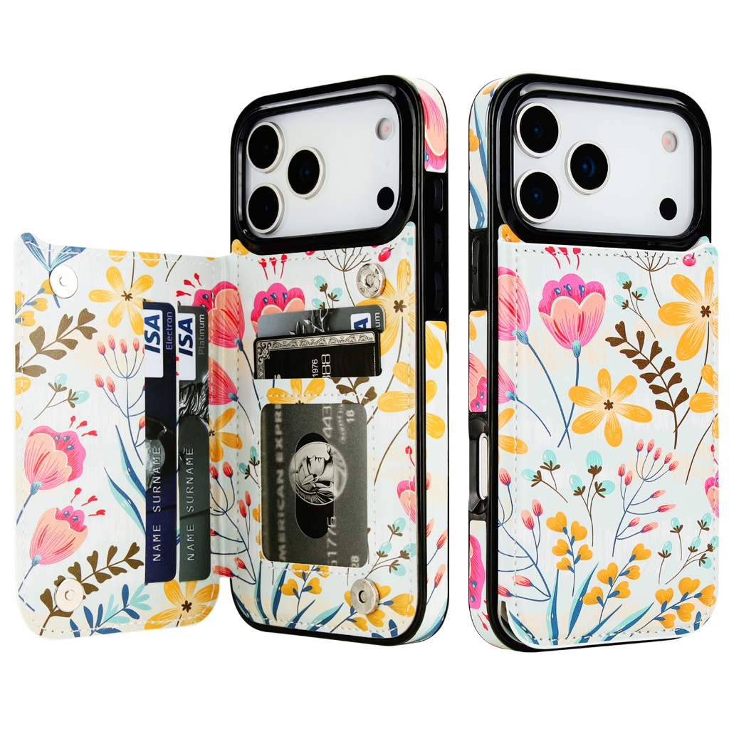 เคสกระเป๋าสตางค์ iPhone 17 Pro Max พร้อมที่ใส่การ์ด หนัง PU ดีไซน์ดอกไม้ iPhone 17 Pro Max เคสแบบพับสําหรับผู้หญิงผู้ชาย