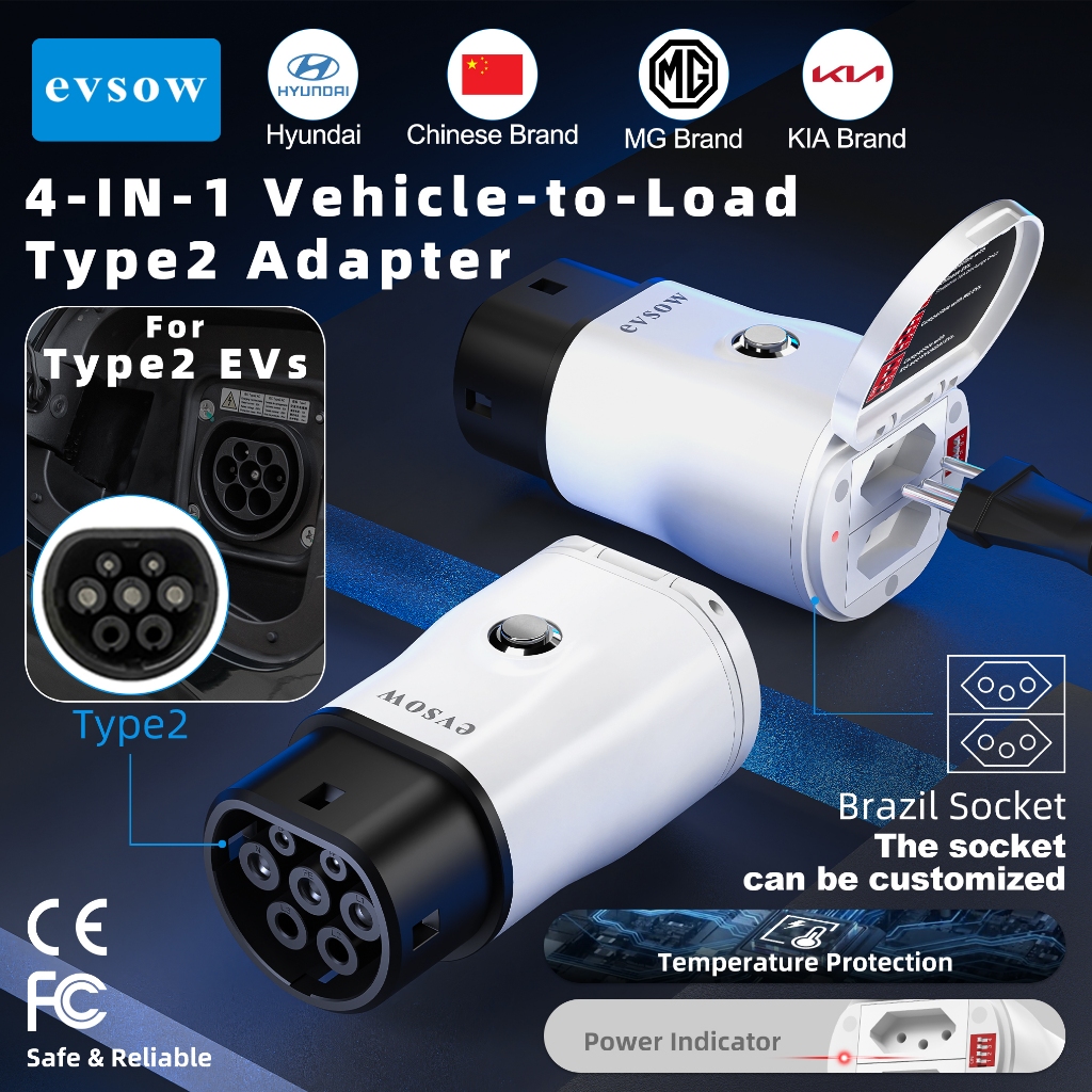 Evsow Type2 Discharger อะแดปเตอร์สําหรับ MG/Kia/Hyundai/จีน EVs V2L Discharger Converter พร้อมสวิตช์ปรับได้และการป้องกันอุณหภูมิ