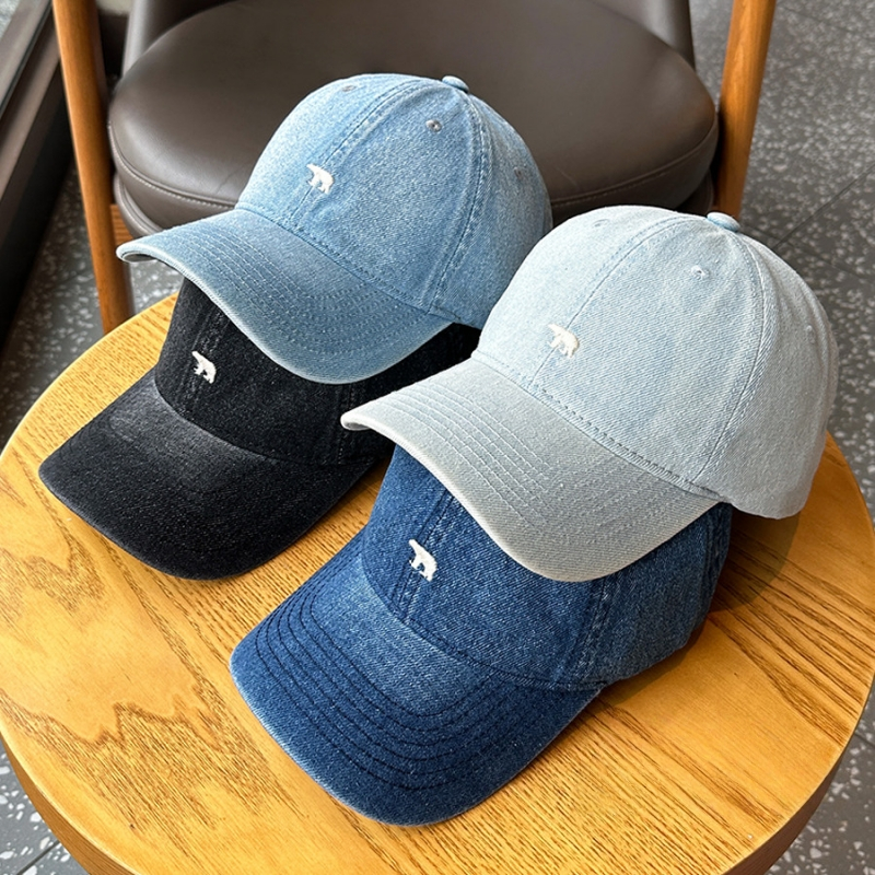 Halo studio พร้อมส่ง🔥หมวกเบสบอลผ้ายีนส์สีขาวอเนกประสงค์ย้อนยุคหมวกปักหมีขั้วโลกลำลองทุกวัน