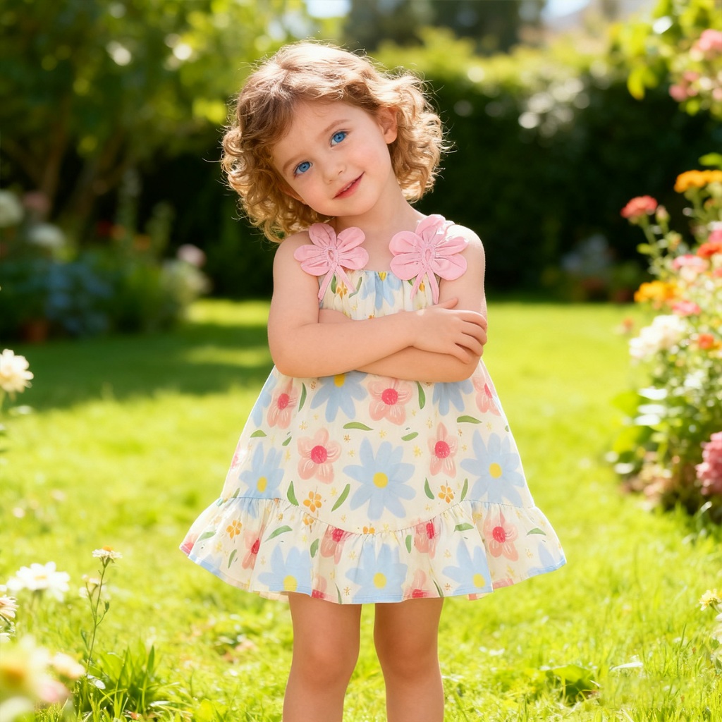ชุดเด็กฤดูร้อนใหม่พร้อมสายรัดไหล่ลายดอกไม้สําหรับเด็กทารกชุดเดรสสายเดี่ยวแขนกุดสาวมีสไตล์สวมใส่กลางแจ้งเหมาะสําหรับ 0-4 ปี
