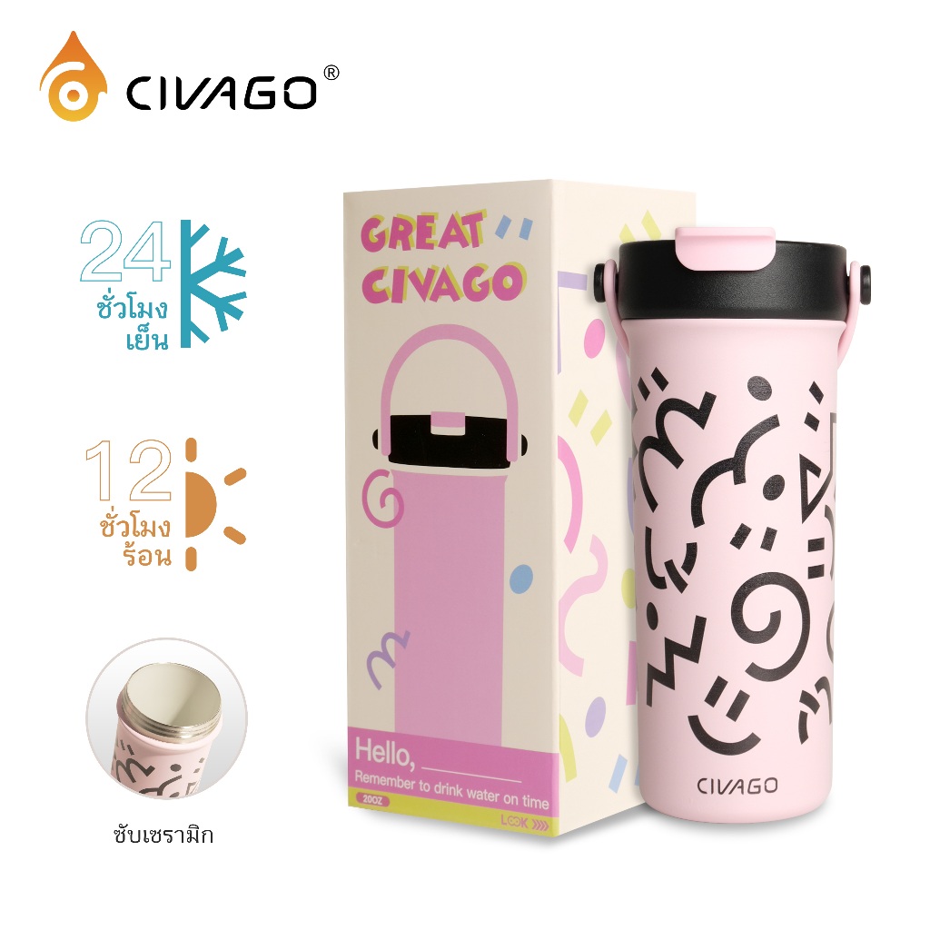 CIVAGO（20oz/600ml）แก้วกาแฟเซรามิกที่มีฝาปิดความจุขนาดใหญ่น่ารักแก้วเดินทางขวดน้ํารั่วของขวัญ