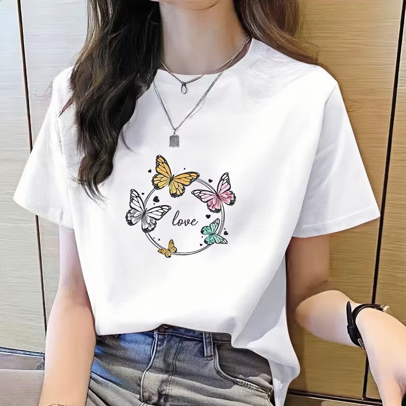 ผู้หญิงอเนกประสงค์ เสื้อยืดแขนสั้นสีขาวฤดูร้อน สไตล์เกาหลีใหม่ สบายหลวม ขนาดใหญ่พิเศษ ลดน้ำหนัก สำหรับนักเรียน คอวี - รูปที่ 2