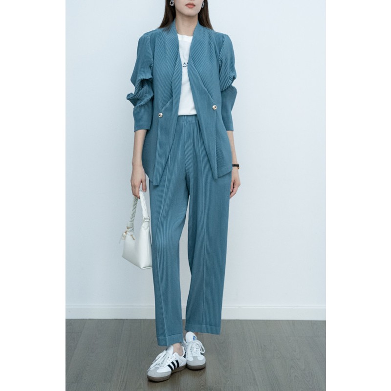 ชุดสูทผู้หญิง Issey Miyake สไตล์พื้นฐาน ฤดูใบไม้ผลิและฤดูใบไม้ร่วง เสื้อสูทคาร์ดิแกนและกางเกงลำลอง