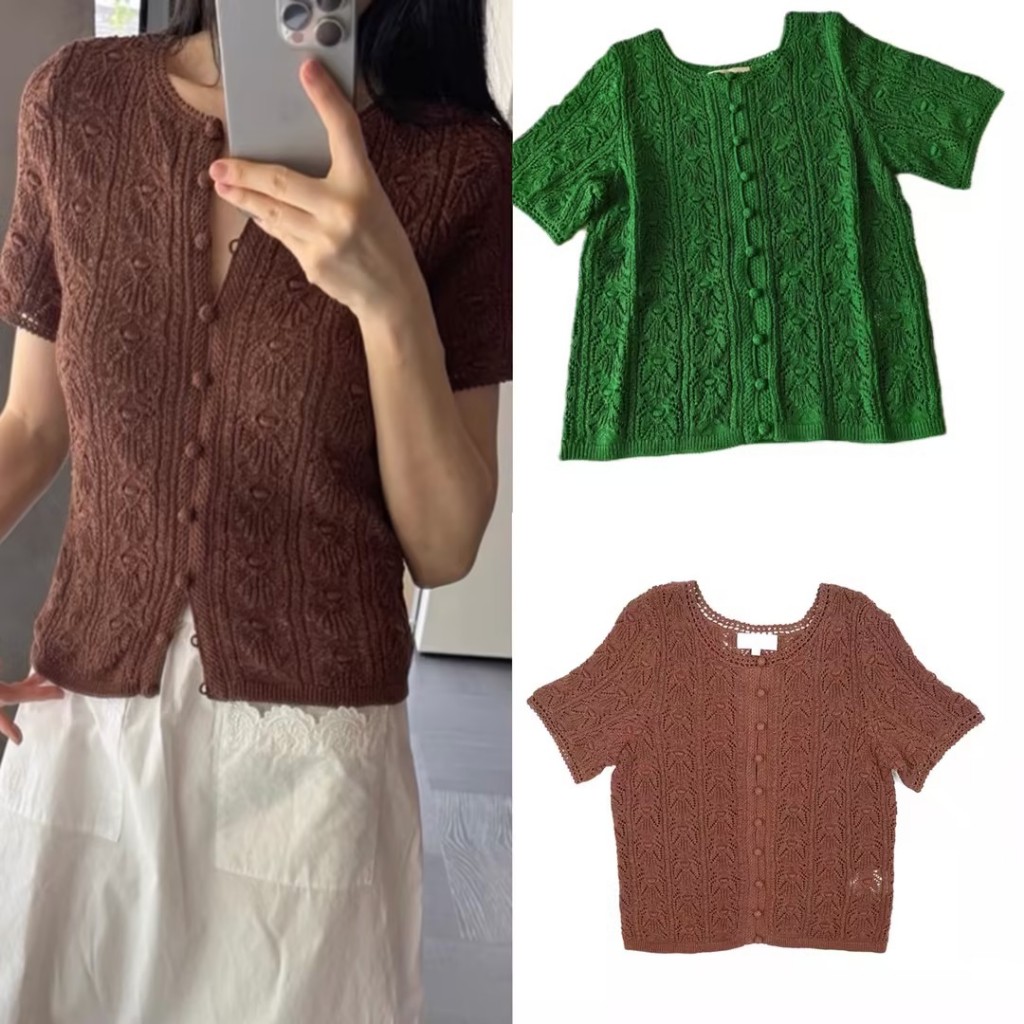 [auth] ผ้าฝ้ายอินทรีย์โครเชต์ Hollow แขนสั้นภาษาฝรั่งเศสคํา Retro sezane Original Factory ผ้าดิบ