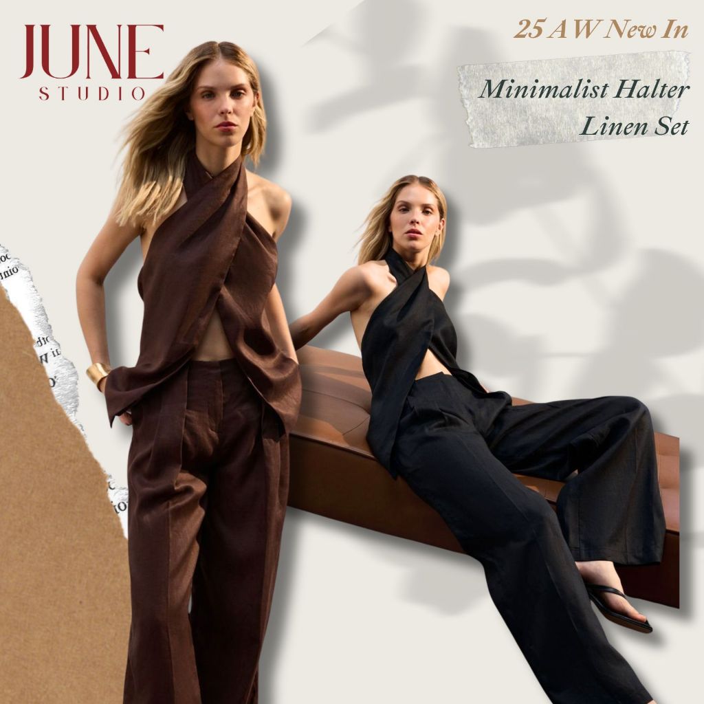 [June Studio] ชุดสองชิ้นสไตล์ยุโรปและอเมริกา halter top และกางเกงหลวมสีทึบ สำหรับฤดูใบไม้ร่วง