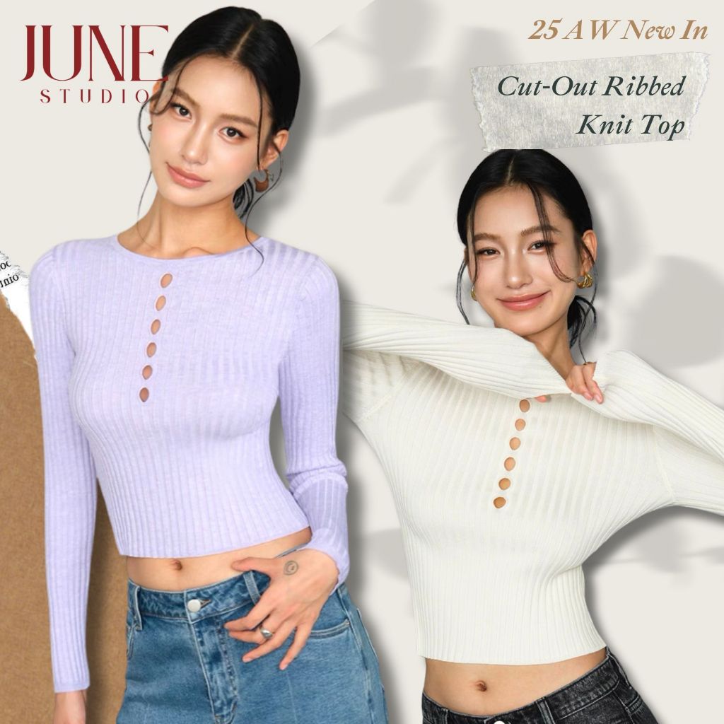 [June Studio] เสื้อกันหนาวสีดำทรงslim รอบคอดesign hollow สำหรับผู้หญิง