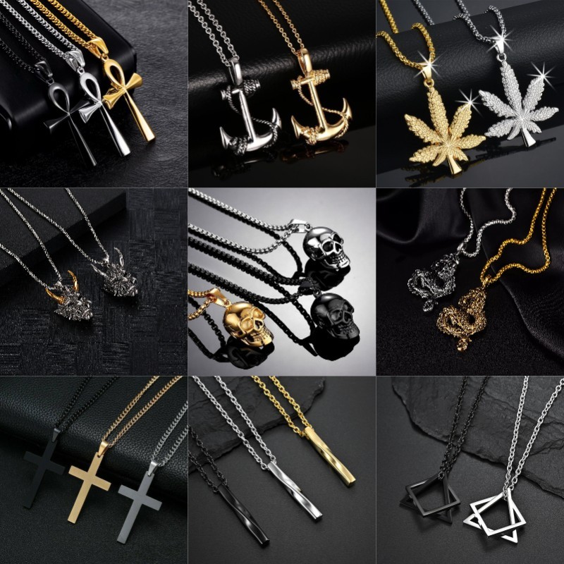 Hip Hop สแตนเลสสร้อยคอโซ่คิวบา Vintage Geometric Anchor Spear Head skull จี้สร้อยคอสําหรับชาย