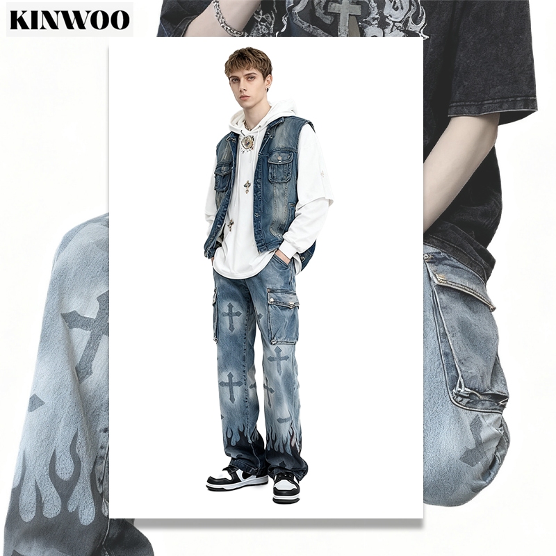KINWOO KINWOO กางเกงยีนส์ผู้ชาย ทรง Baggy Cargo กระเป๋าหลายช่อง สีฟ้า Vintage 2025  [สไตล์อเมริกันเรตโกล] เนื้อผ้า ใส่เที่ยวสตรีท #แฟชั่นเรตโกล #ยีนส์ผู้ชาย"