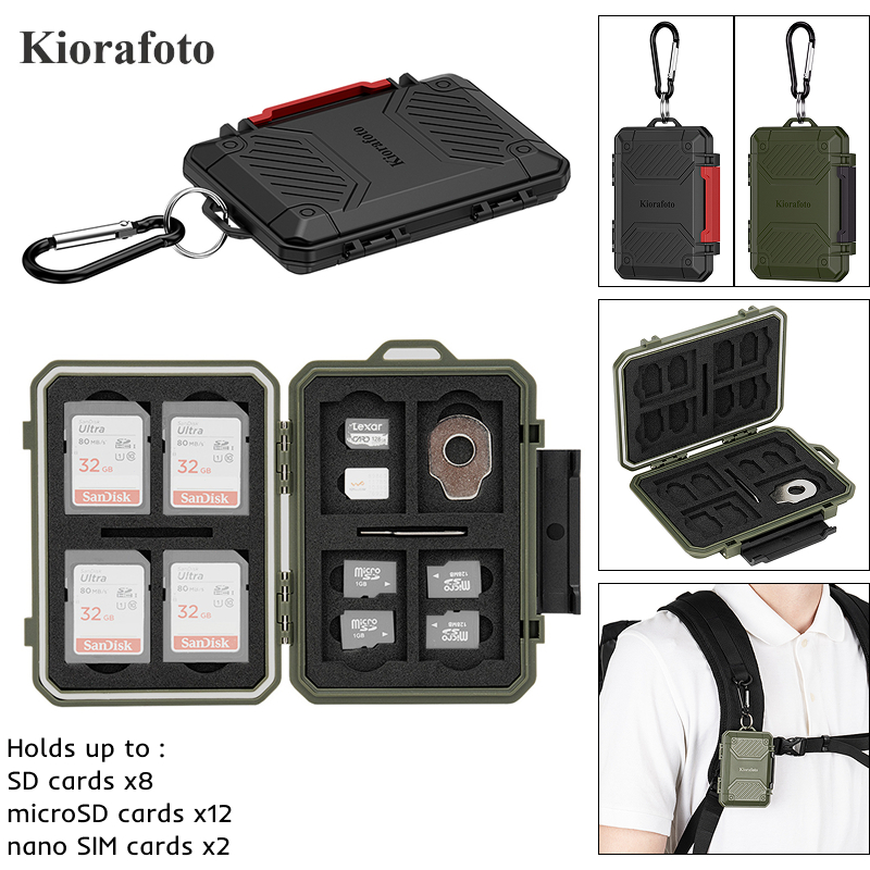 เคสการ์ดหน่วยความจํา Kiorafoto ถือการ์ด SD สูงสุด 8 ใบ 12 TF / การ์ด MicroSD และ 2 ใบนาโนซิมการ์ดกล่องเก็บของแบบพกพาพร้อมคาราบิเนอร์กันน้ํา