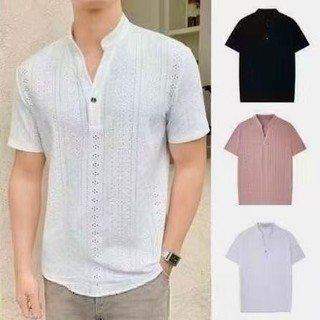 Mens Summer Polo Shirt Hollow Embroidery Design Casual Short Sleeve Woven Shirt Lightweight Comfort Fit