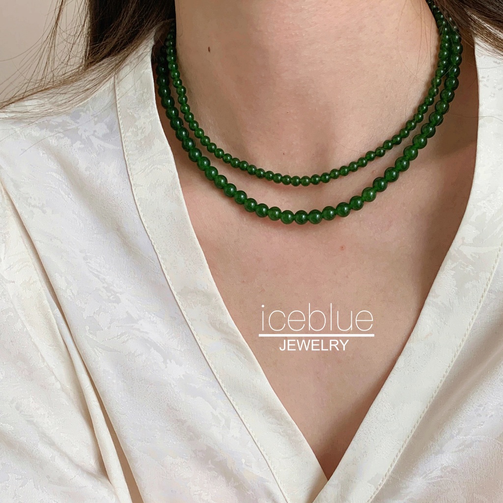 【iceblue】สร้อยคอสแตนเลสสตีลชุบเงิน S925 กับลูกปัด Jadeite สีฟ้าน้ำเงิน แบบคล้องคอลลาบิเคิล สไตล์จีน N175
