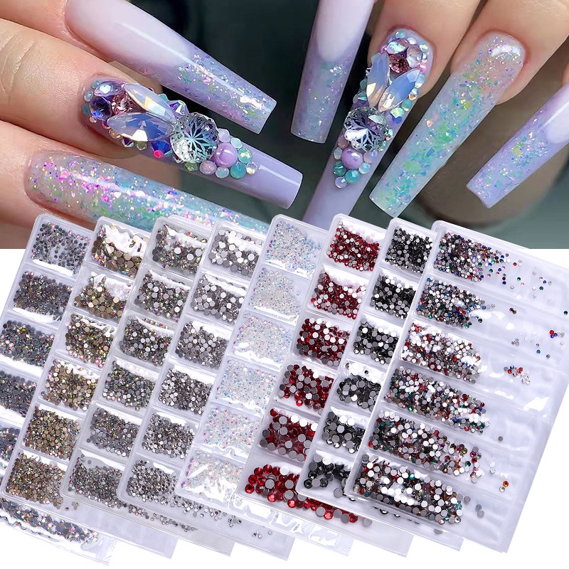 1440 ชิ้น/ถุง 3D แบนกลับตกแต่ง Rhinestone เงาสําหรับเล็บ AB สี SS4-16 แก้วคริสตัลหลายขนาดเล็บ Charms ชุด