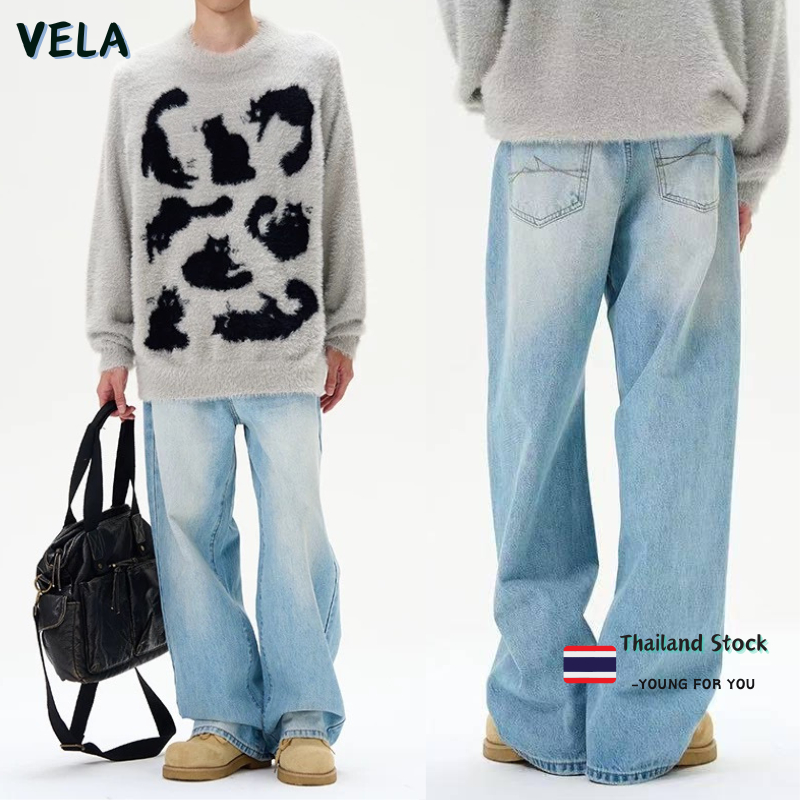 Vela-กางเกงยีนส์ผู้ชาย ขากระบอกใหญ่ ขายาว  สีฟ้าอ่อน ขากว้าง ขายาว สไตล์อเมริกัน baggyjeans