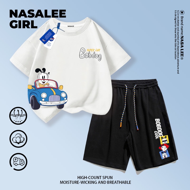 【ส่งในวันเดียวกัน】ชุดเด็ก NASA 2 ชิ้น เสื้อยืดสีขาวทรงหลวม+กางเกงขาสั้น ลายรถน่า