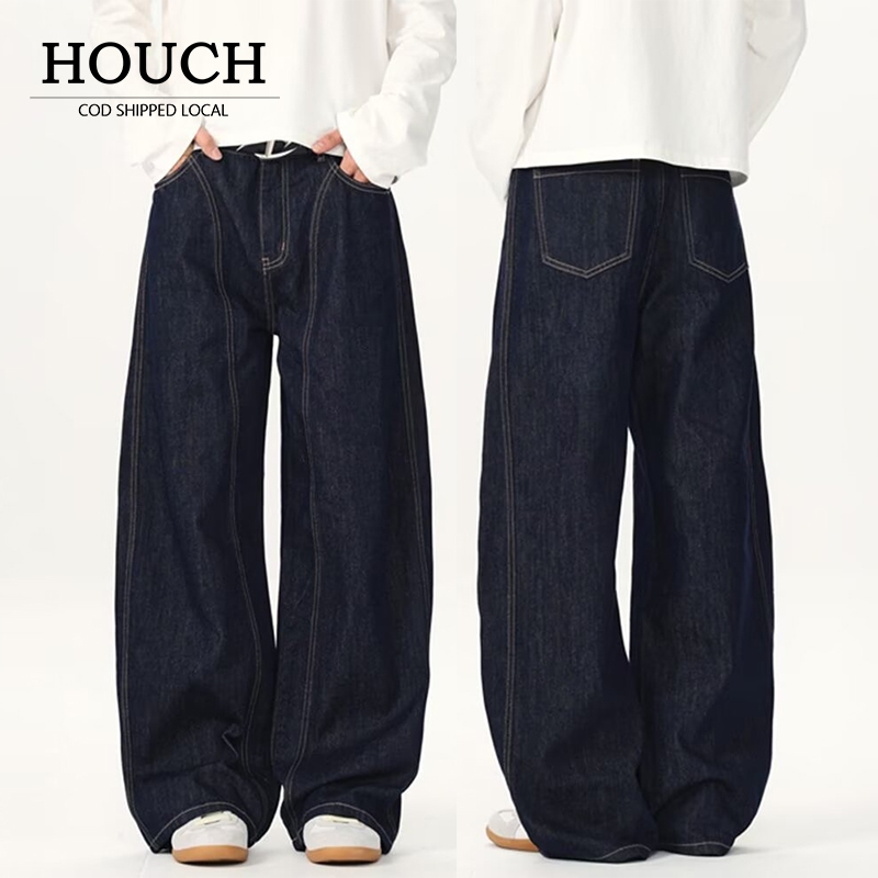 Houch พร้อมส่ง COD กางเกงยีนส์ผู้ชายขากว้างสีดํา กางเกงยีนส์ลําลองทรงหลวม ทรงบอลลูน kins baggy jeans