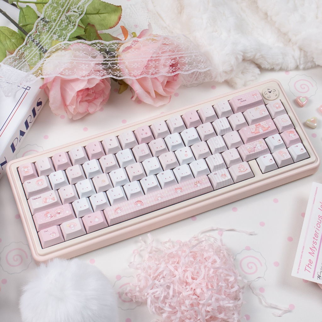 URE Melody Keycaps สีชมพูน่ารัก PBT + PC Cherry / MOA ปุ่มกดกลมสําหรับคีย์บอร์ด Mehcanical