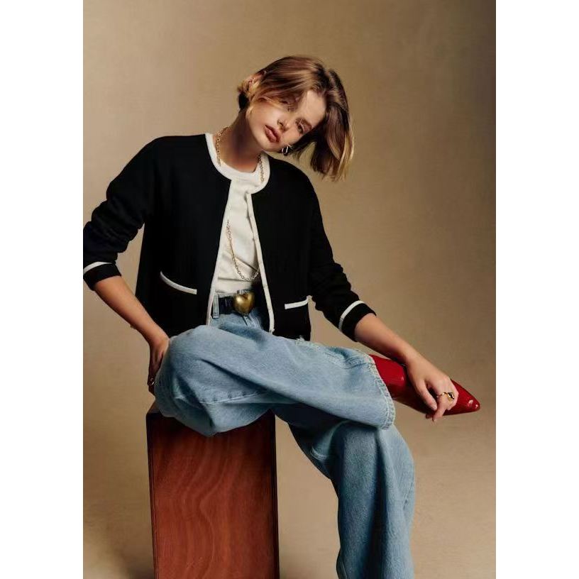 [auth] เสื้อแจ็คเก็ตถักขนสัตว์ Merino สีดํา French Retro sezane Original Factory Raw Fabric