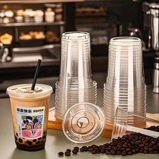 ถ้วยกาแฟแบบใช้แล้วทิ้งถ้วยชานมบรรจุพร้อมฝาปิดฝาปิดเครื่องดื่มเย็น ซื้อกลับบ้าน ถ้วยชานมแบบพกพา