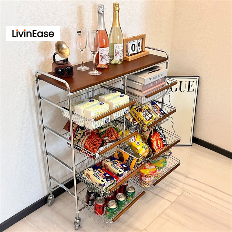 ​​LivinEase​​ รถเข็นครัวสไตล์โมเดิร์น ล้อเลื่อนพร้อมตะกร้าเอาออกได้ สำหรับเก็บของในครัว