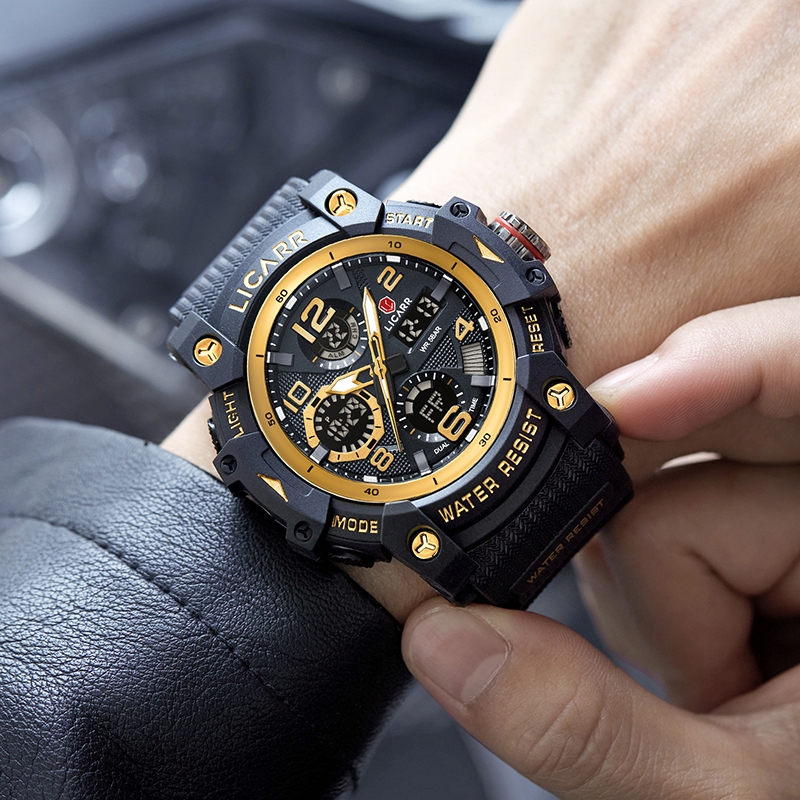 LICARR แบรนด์ชั้นนําแฟชั่นจอแสดงผลคู่นาฬิกาผู้ชายนาฬิกาปลุกกันน้ํากีฬานาฬิกาจับเวลา 9540