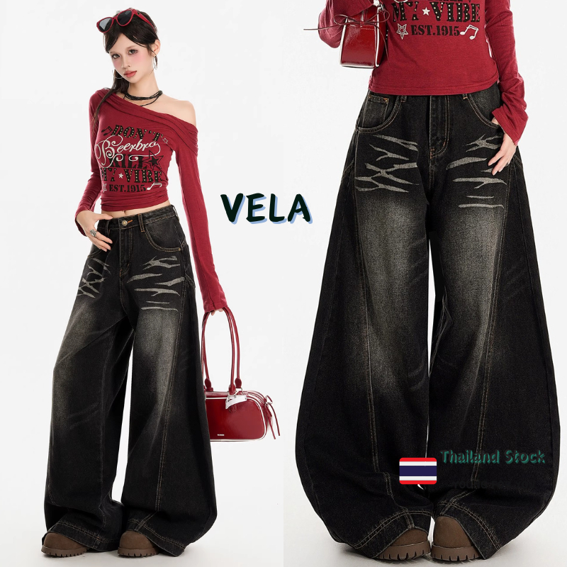 Vela-กางเกงยีนส์ผู้ชาย ขาตรง หลวม สีดำ สไตล์ไฮสตรีท แฟชั่น มีหลายขนาดให้เลือก baggy jeans