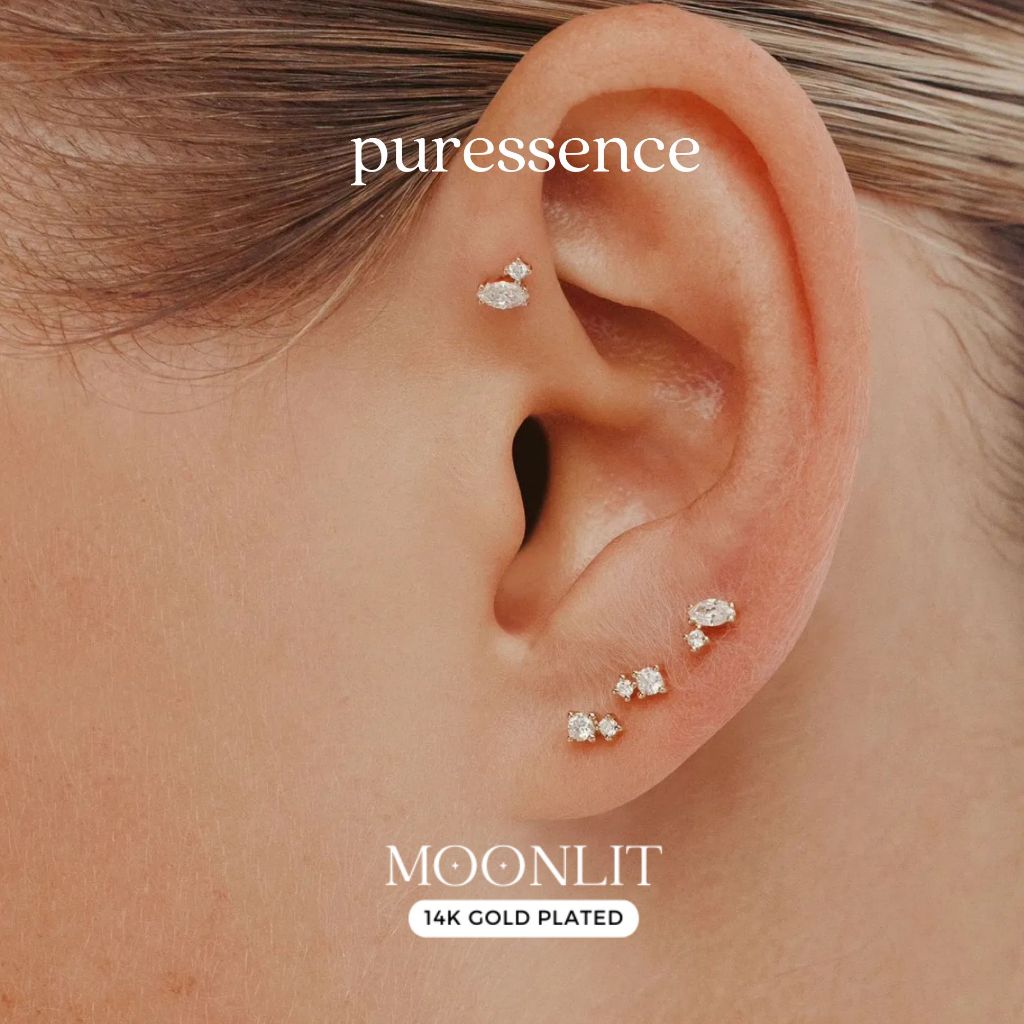 * 𝑀𝑜𝑜𝓃𝓁𝒾𝓉*ต่างหูเพชรทรงสี่เหลี่ยมขนมเปียกปูนสำหรับ Helix * ต่างหูเงิน S925 ชุบทอง 18K สำหรับผู้หญิง 14KER37