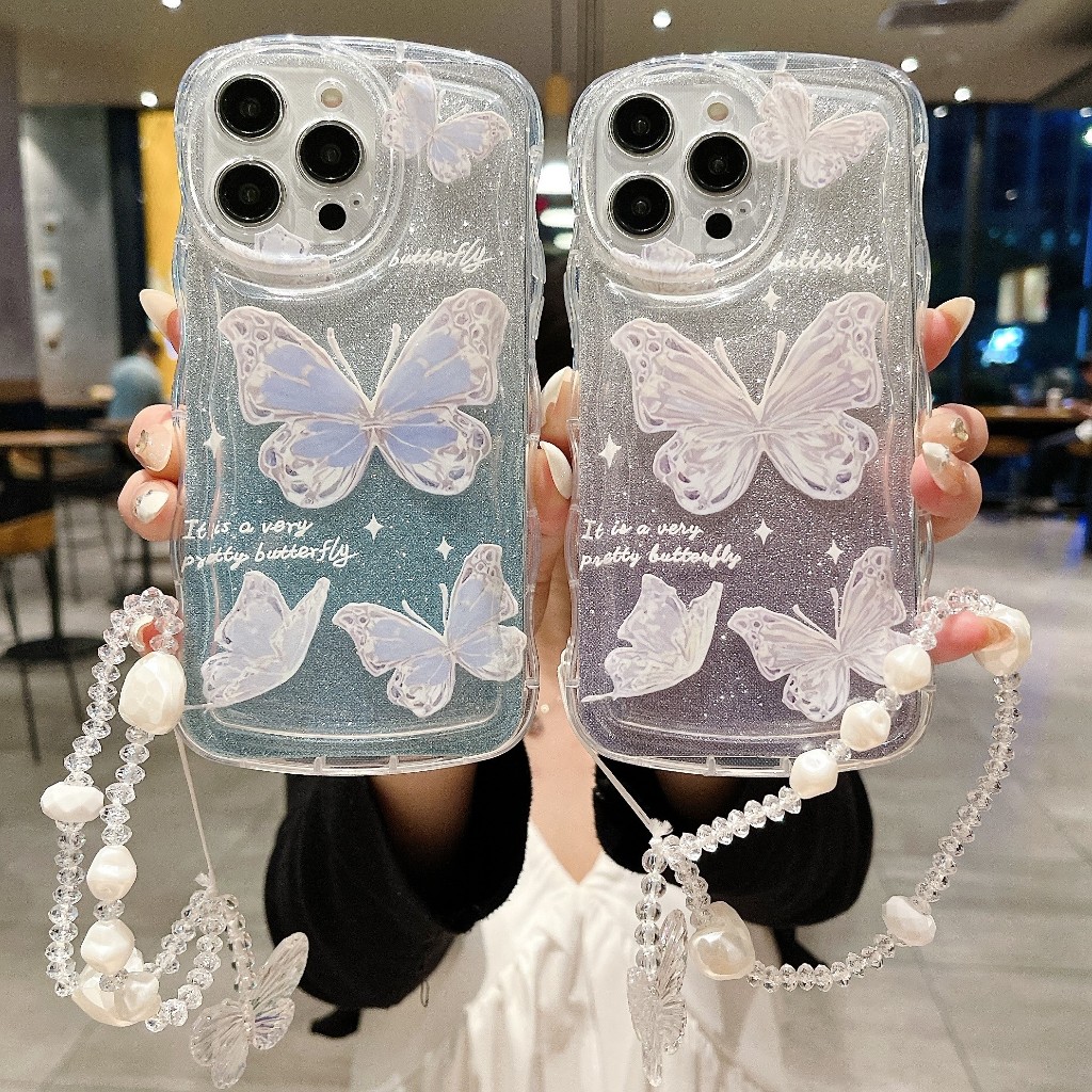 ใหม่Wave Glitter Blue & Purple Butterfly เคสโทรศัพท์ป้องกันการหล่นพร้อมสร้อยข้อมือสําหรับ iPhone 11, 12, 13, 14, 15, 16, 17 Series