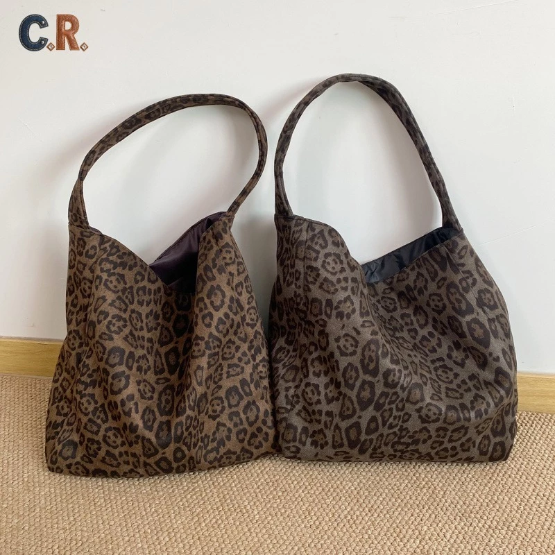 C.R.กระเป๋า Tote ลายเสือดาวสไตล์เกาหลี | กระเป๋าสะพายเดี่ยวหนังซูเอ็ดแฟชั่น | ความจุใหญ่ | เหมาะสำหรับไปทำงานและท่องเที่ยว