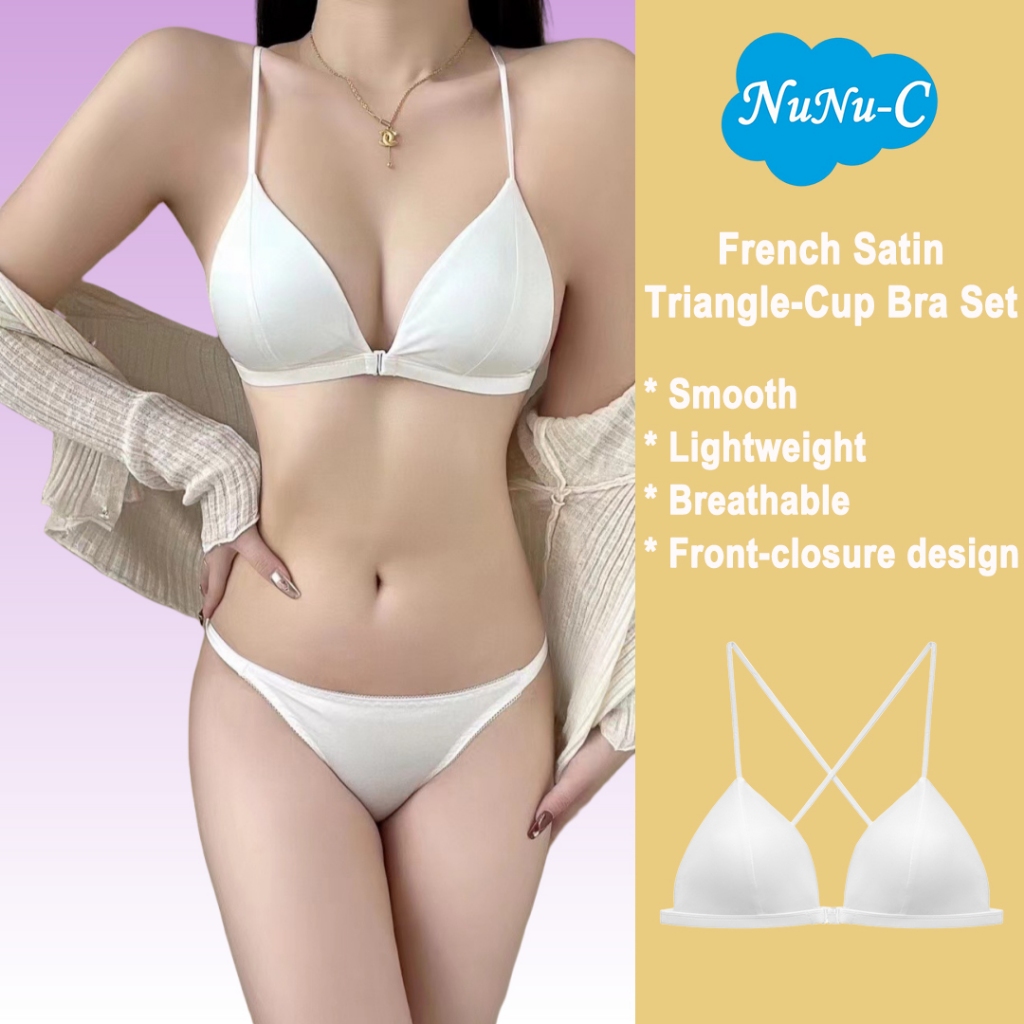 ชุดบราและกางเกงชั้นในทรงสามเหลี่ยม French Satin ดีไซน์ Deep V น้ำหนักเบาทึกระบายอากาศดี – โปรปัง