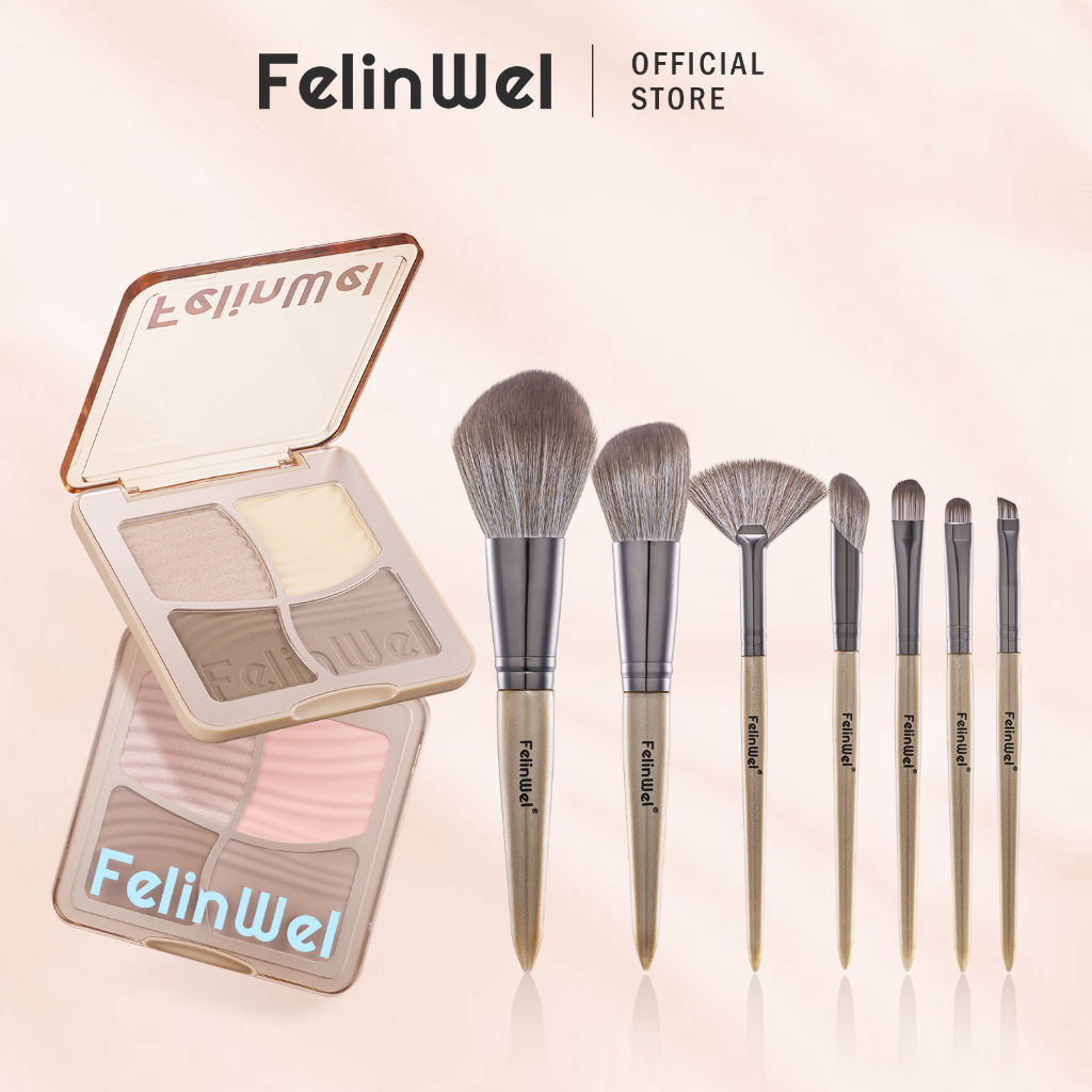 FelinWel เซ็ตแต่งหน้า พาเลทคอนทัวร์+ไฮไลท์ 4สี + ชุดแปรง 7ชิ้น วีแกน ประหยัดกว่าซื้อแยก | Face Makeu