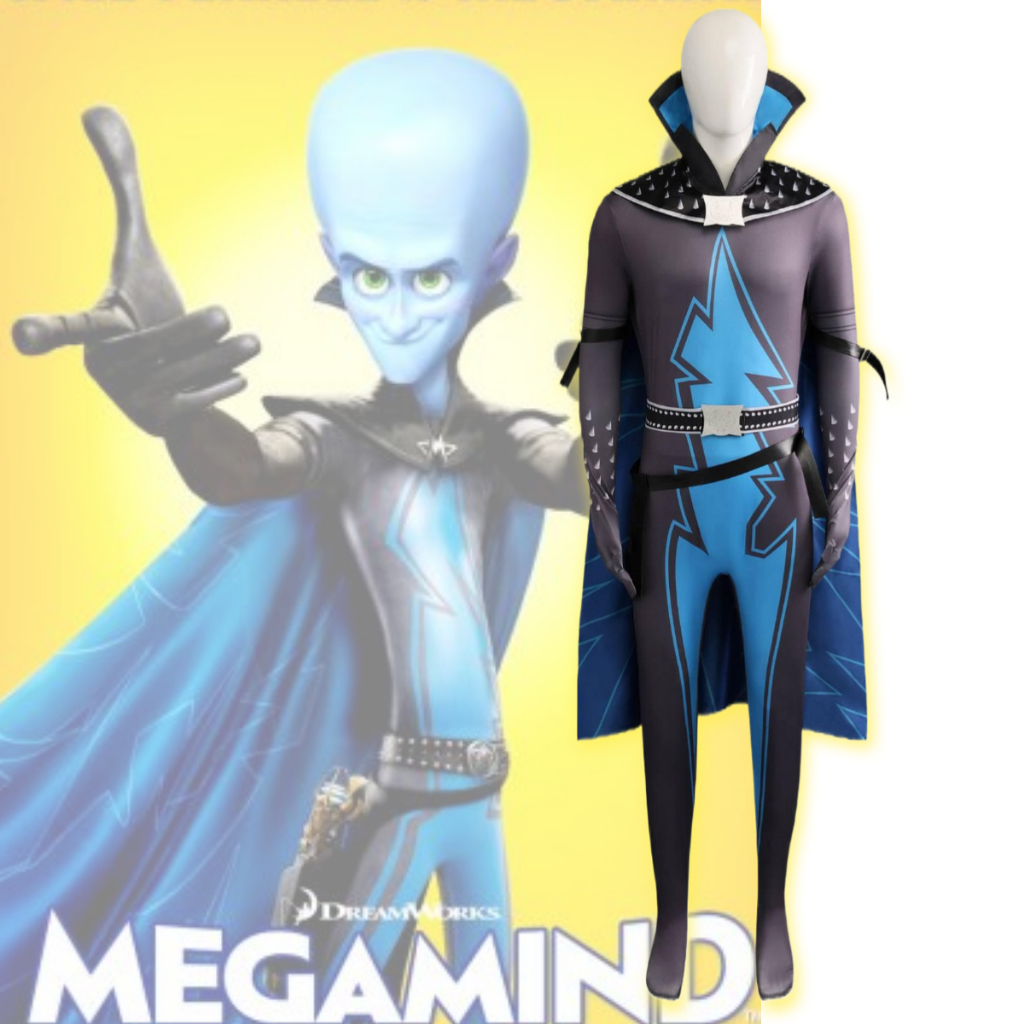คอสตูมคอสเพลย์ Megamind จั๊มสูทสีน้ำเงินและดำพร้อมเคปสำหรับผู้ชาย