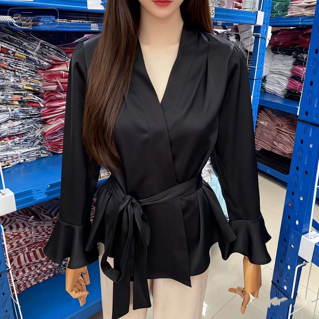 เสื้อเชิ้ตผ้าซาติน สำหรับผู้หญิง แขนยาว แต่งระบาย มาใหม่ สีพื้น ลำลอง ใส่หน้าร้อน ทรงหลวม ดูเพรียวบาง คอวี ผูกเชือก เสื้อเบลาส์แขนบาน อเนกประสงค์ เสื้อย้อนยุค แฟชั่น เสื้อผ้าผู้หญิง