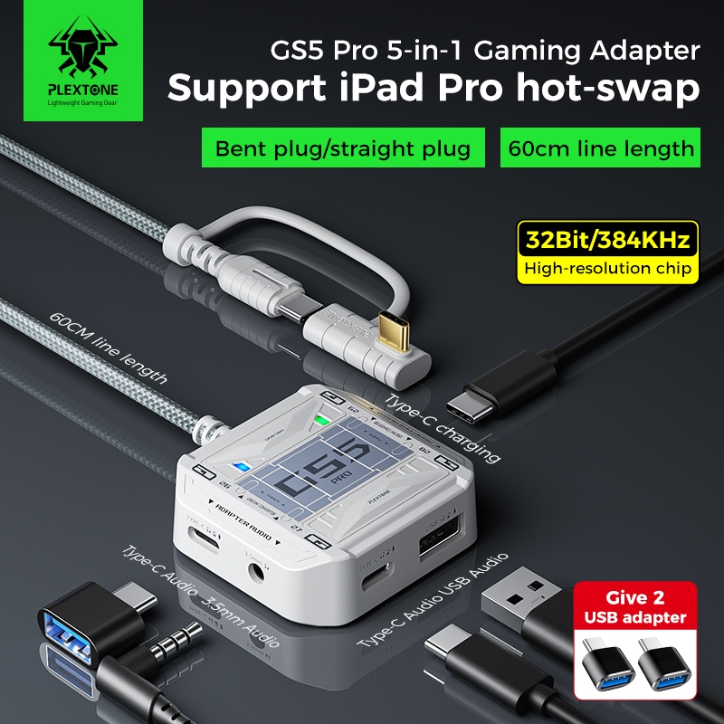 PLEXTONE GS5 Pro 5IN1 Type-C Audio & Charge Adapter ใช้งานร่วมกับ Type-C,3.5 มม.,USB Heaphone,เมาส์,คีย์บอร์ดชาร์จเร็วสําหรับโทรศัพท์