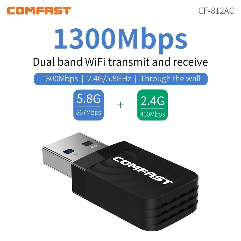 COMFAST 1300Mbps อุปกรณ์รับสัญญาณไวไฟ 802.11AC Dual Band 2.4G/5ghz RTL8812BU USB3.0 ตัวรับสัญญาณ Wi-