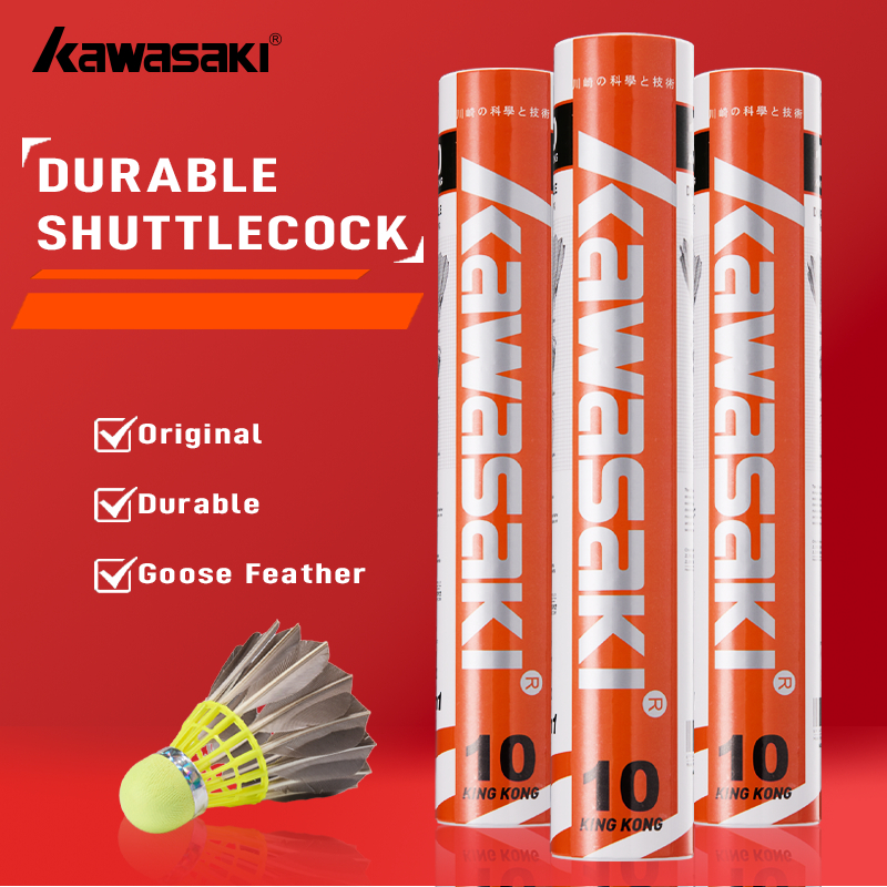 KAWASAKI ลูกขนไก่คาวาซากิ 12PCS King Kong 500 & 200 & 10 3 in1 แบดมินตัน Goose & Duck Feather ทนทานและมั่นคงสําหรับการฝึกอบรมการออกกําลังกาย