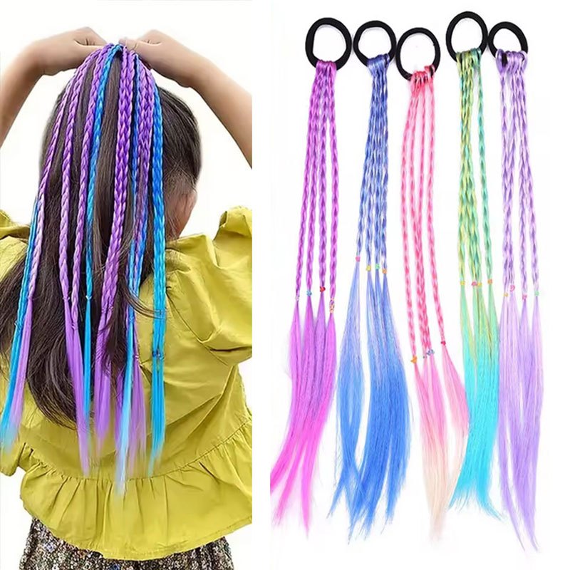 ที่มีสีสันถักต่อผมสีรุ้งบิดผมหางม้าด้วยยางรัดสําหรับผู้หญิงสาวเด็กพรรคคอสเพลย์ผ้าโพกศีรษะ