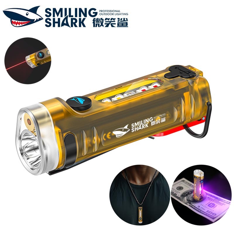 SmilingShark TIP6060 ไฟฉาย led พวงกุญแจ 3 อิน 1 พอยน์เตอร์เลเซอร์สีแดง + แสงยูวี แม่เหล็ก คบเพลิง ซุปเปอร์ไบรท์ โคมไฟห้อยคอ 8 โหมด Type-C ชาร์จใหม่ได้ กันน้ำสำหรับการตั้งแคมป์