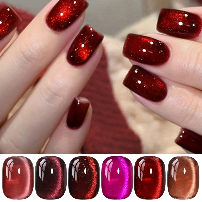 Ur SUGAR 6 ชิ้น สีเล็บเจล cat eye สีไวน์แดง เจลทาเล็บแมวตา สีแดงไวน์เข้ม สีแดง ฉูดฉาด 15ml ใช้งานกับ UV/LED