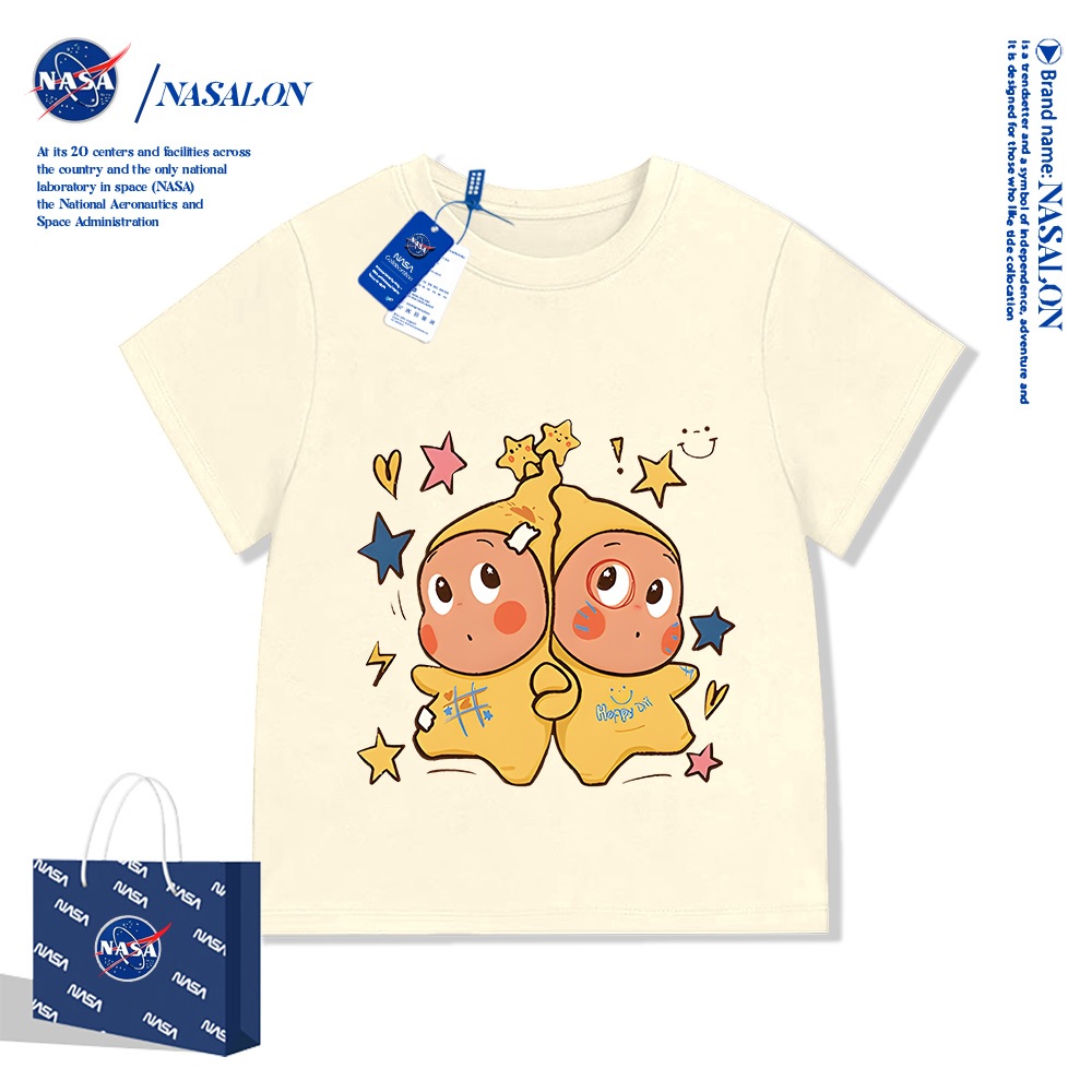 NASA สื้อยืดเด็กแขนสั้น ผ้าฝ้าย 100% ลายการ์ตูนที่น่ารักและทันสมัย ทรงหลวม นุ่มสบาย ใส่ได้ทั้งเด็กชายเด็กหญิงอายุ 3-13ปี